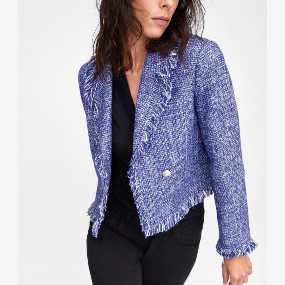 Zara Basic Blue Tweed Frayed Hem Open Front Cropped Blazer Jacket XL